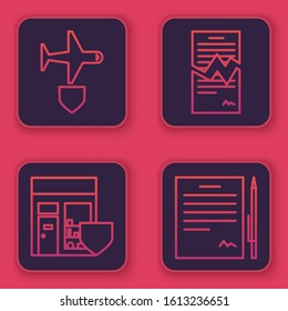 Set line Plane with shield, Shopping building with shield, Torn contract and Contract with pen. Blue square button. Vector