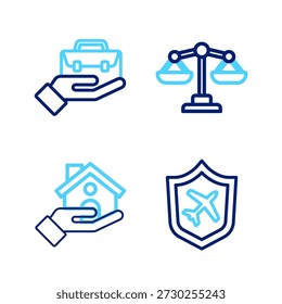 Set line Plane with shield, Shopping building, Scales of justice and Hand holding briefcase icon. Vector