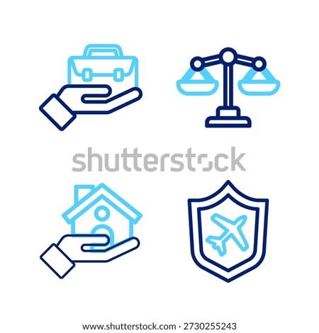 Set line Plane with shield, Shopping building, Scales of justice and Hand holding briefcase icon. Vector