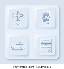 Set line Plane with shield, Torn contract, Ship with shield and Delete file document. White square button. Vector