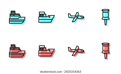 Set line Plane, Ship line path,  and Push pin icon. Vector
