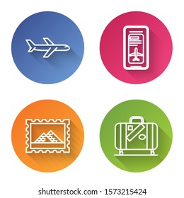 Set line Plane, Smartphone with electronic boarding pass airline ticket, Postal stamp and Egypt pyramids and Suitcase for travel and stickers. Color circle button. Vector