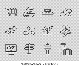 Set line Plane, Suitcase, Taxi car roof, Road traffic sign, Trolley baggage, Escalator down, Airport control tower and Flight time icon. Vector