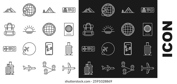 Set line Plane, Suitcase for travel, Passport with biometric data, Tourist tent wood fire, Sunset, Hiking backpack, Egypt pyramids and Earth globe icon. Vector