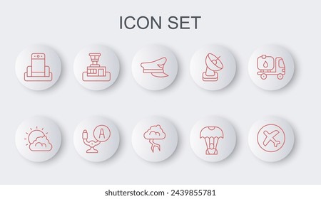 Set line Plane, Sun and cloud weather, Pilot hat, Parachute, Metal detector in airport, Airport control tower, Aircraft steering helm and Storm icon. Vector