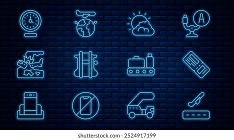 Set line Plane takeoff, Airline ticket, Sun and cloud weather, Parachute, crash, Clock, Conveyor belt with suitcase and Globe flying plane icon. Vector