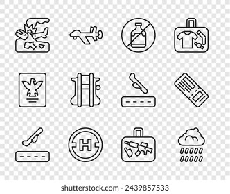 Set line Plane takeoff, Cloud with rain, No alcohol, Helicopter landing pad, crash, Parachute, Suitcase and Airline ticket icon. Vector