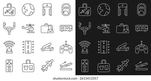 Set line Plane takeoff, Drone remote control, Airport bus, Metal detector in airport, Helicopter, Aircraft steering helm, Suitcase and  icon. Vector