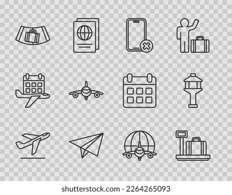 Set line Plane takeoff, Scale with suitcase, No cell phone, Paper airplane, Conveyor belt, Globe flying and Airport control tower icon. Vector