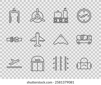 Set line Plane takeoff, Suitcase, Airport conveyor belt with suitcase, Aircraft hangar, Metal detector in airport, runway and Fuel tanker truck icon. Vector