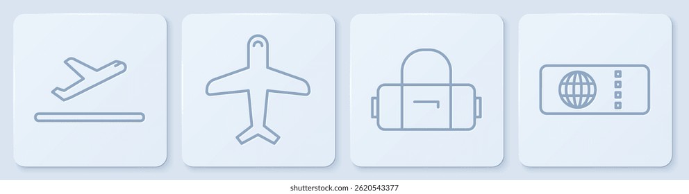 Set line Plane takeoff, Suitcase, Plane and Airline ticket. White square button. Vector