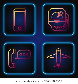 Set line Plane , Telephone with speech bubble chat , Mobile phone with app delivery tracking and Pizza in cardboard box . Gradient color icons. Vector