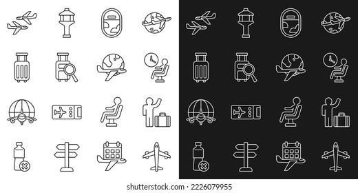 Set line Plane, Tourist with suitcase, Human waiting in airport terminal, Airplane window, Lost baggage, Suitcase,  and Globe flying icon. Vector