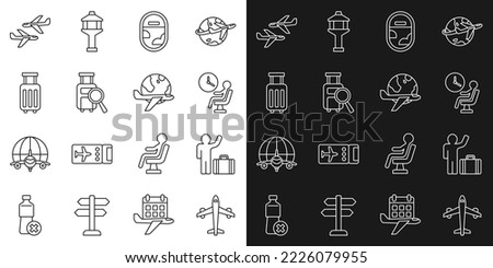 Set line Plane, Tourist with suitcase, Human waiting in airport terminal, Airplane window, Lost baggage, Suitcase,  and Globe flying icon. Vector