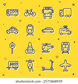 Set line Plane, Train and railway, TV News car, Bus, Taxi,  and Hatchback icon. Vector