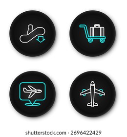 Set line Plane, Trolley baggage and Escalator down icon. Vector