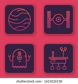Set line Planet, Alien, Cosmic ship and Mars rover. Blue square button. Vector