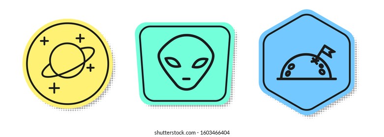 Set line Planet, Alien and Planet with flag. Colored shapes. Vector