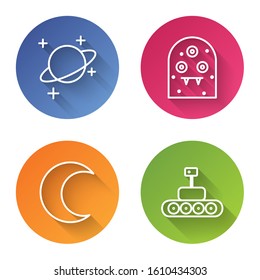 Set line Planet, Alien, Moon and stars and Mars rover. Color circle button. Vector