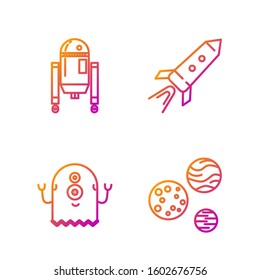 Set line Planet, Alien, Robot and Rocket ship with fire. Gradient color icons. Vector