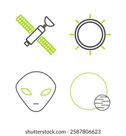 Set line Planet, Alien, Sun and Satellite icon. Vector