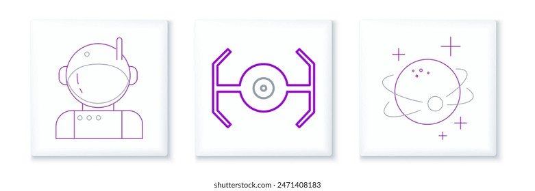 Set line Planet, Astronaut and Cosmic ship icon. Vector