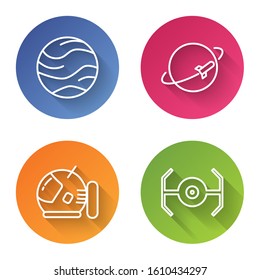 Set line Planet, Planet, Astronaut helmet and Cosmic ship. Color circle button. Vector