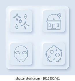 Set line Planet, Astronomical observatory, Alien and UFO abducts cow. White square button. Vector