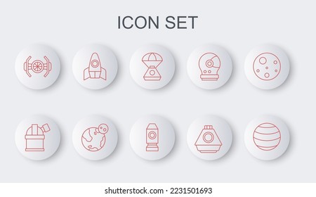 Set line Planet, Astronomical observatory, Space capsule, Cosmic ship, Rocket, Earth globe and  icon. Vector