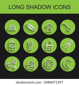 Set line Planet, Astronomical observatory, Mars rover, Moon and stars, Vulcan salute, Satellite and  icon. Vector