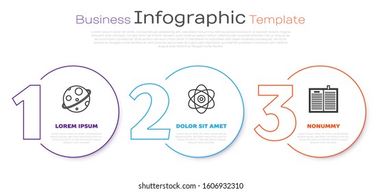 Set line Planet, Atom and Open science book. Business infographic template. Vector