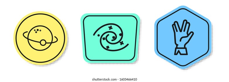 Set line Planet, Black hole and Vulcan salute. Colored shapes. Vector