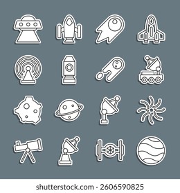 Set line Planet, Black hole, Mars rover, Comet falling down fast, Rocket ship, Radar, UFO flying spaceship and  icon. Vector
