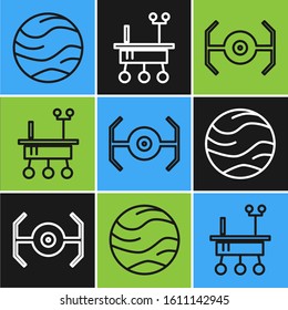 Set line Planet, Cosmic ship and Mars rover icon. Vector