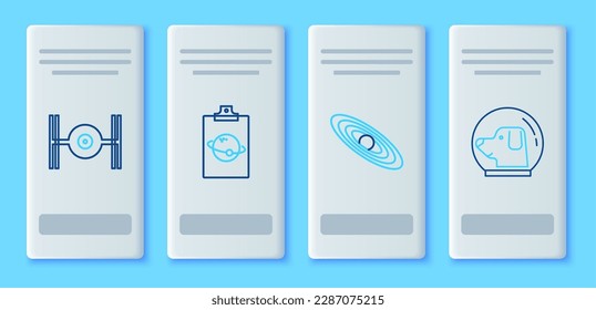 Set line Planet, Cosmic ship and Dog in astronaut helmet icon. Vector