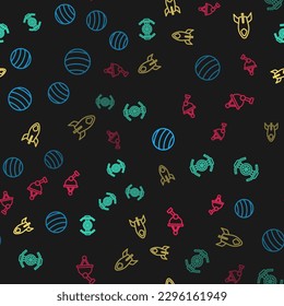 Set line Planet, Cosmic ship, Rocket and Satellite dish on seamless pattern. Vector