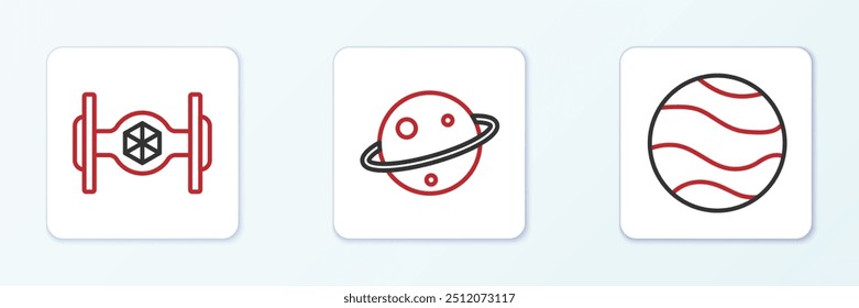 Set line Planet, Cosmic ship and Saturn icon. Vector