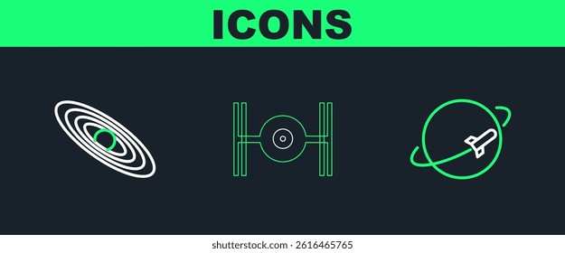 Set line Planet,  and Cosmic ship icon. Vector