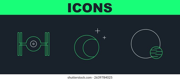 Set line Planet, Cosmic ship and Moon and stars icon. Vector
