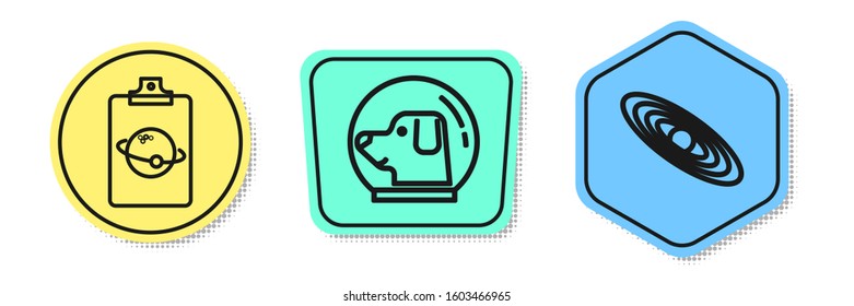 Set line Planet, Dog in astronaut helmet and Planet. Colored shapes. Vector