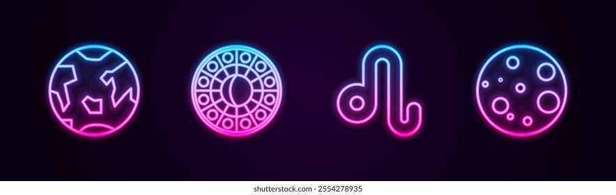 Set line Planet Earth, Astrology horoscope circle, Leo zodiac and Moon. Glowing neon icon. Vector