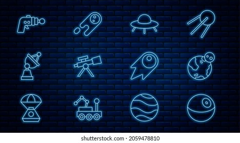 Set line Planet, Earth globe, UFO flying spaceship, Telescope, Satellite dish, Ray gun, Comet falling down fast and  icon. Vector