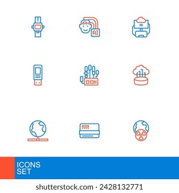 Set line Planet earth and radiation, Credit card, Global technology, Network cloud connection, USB flash drive, Mechanical robot hand, Cloud database and Humanoid icon. Vector