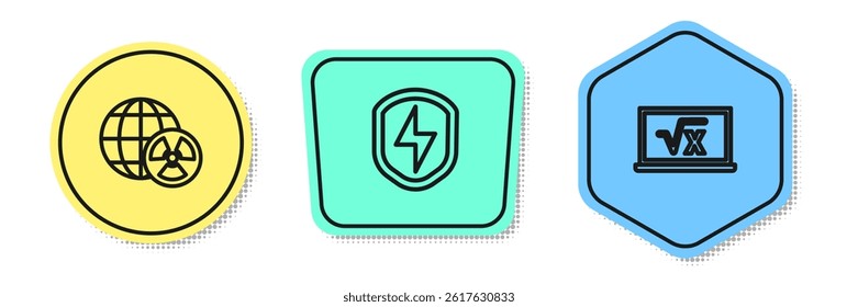 Set line Planet earth and radiation, Secure shield with lightning and Square root of x glyph. Colored shapes. Vector