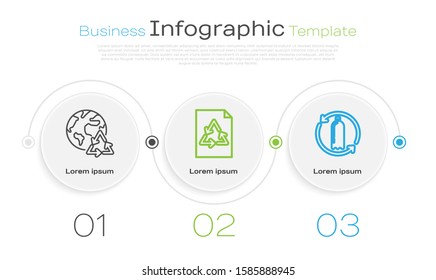 Set line Planet earth and a recycling, Paper with recycle and Recycling plastic bottle. Business infographic template. Vector