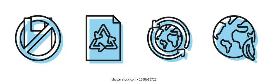 Set line Planet earth and a recycling, Say no to plastic bags poster, Paper with recycle and Earth globe and leaf icon. Vector