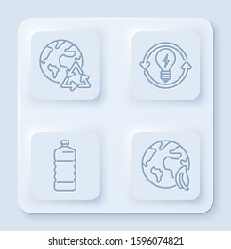 Set line Planet earth and a recycling, Recycle and light bulb with lightning symbol, Plastic bottle and Earth globe and leaf. White square button. Vector