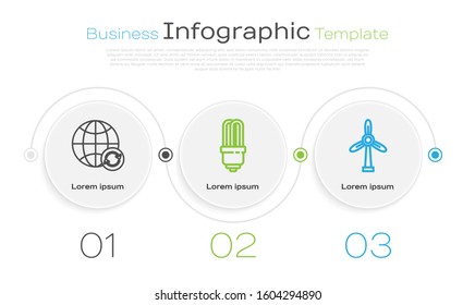 Set line Planet earth and a recycling, LED light bulb and Wind turbine. Business infographic template. Vector