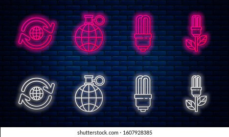 Set line Planet earth and a recycling, LED light bulb, Planet earth and a recycling and Light bulb with leaf. Glowing neon icon on brick wall. Vector