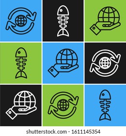 Set line Planet earth and a recycling, Human hands holding Earth globe and Fish skeleton icon. Vector